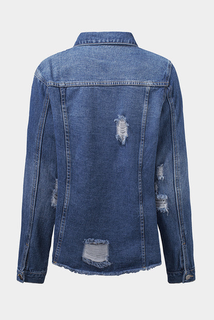 Black Casual Distressed Raw Hem Buttons Denim Jacket