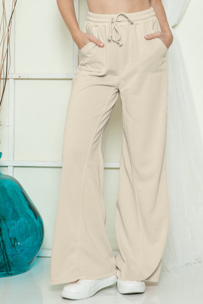 Apricot Mineral Washed Drawstring High Waisted Wide Leg Pants
