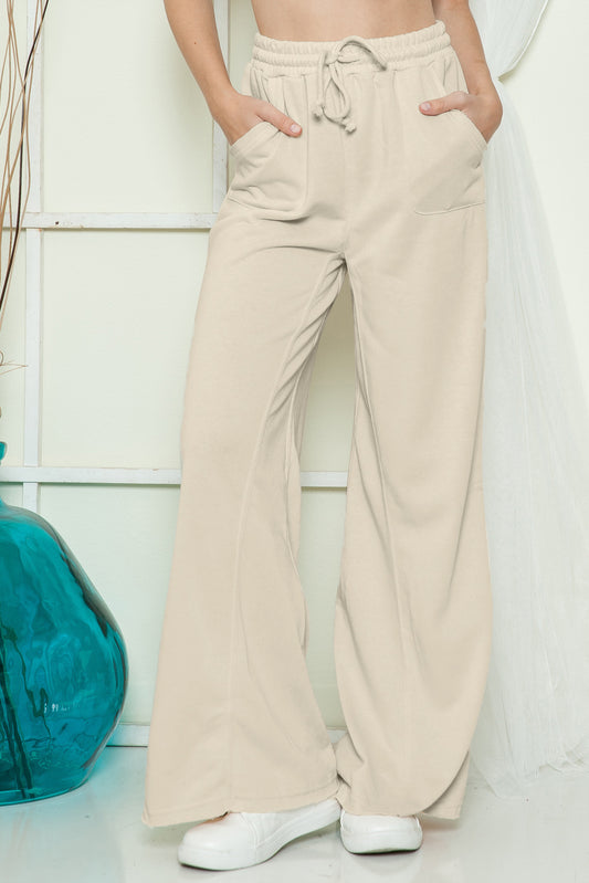 Apricot Mineral Washed Drawstring High Waisted Wide Leg Pants