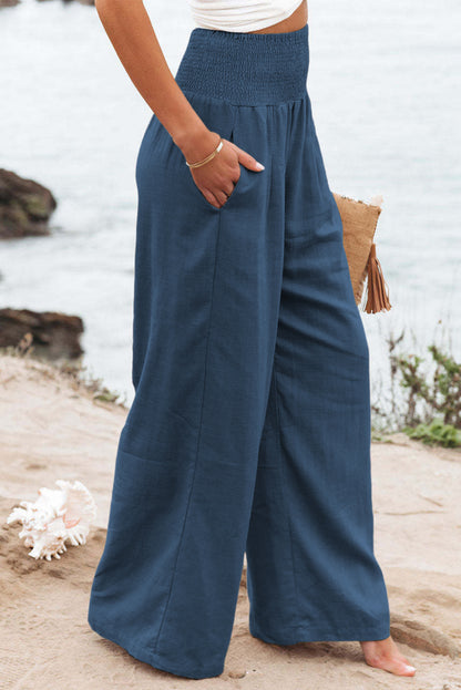 Brown Smocked Wide Waistband High Waist Wide Leg Pants