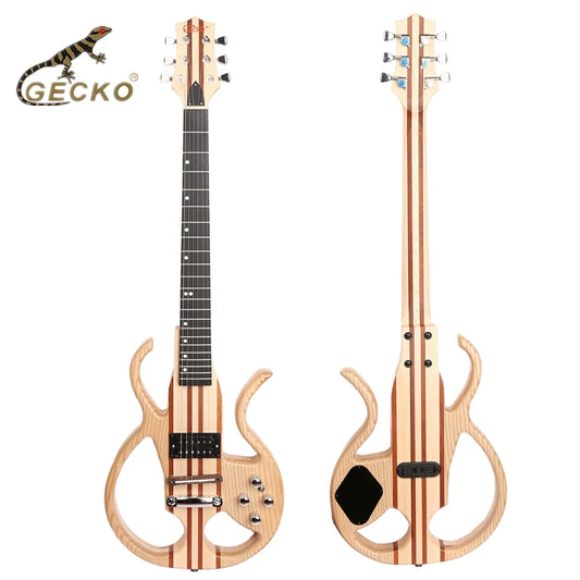 GECKO Natural Solid Mahogany Hollow Electric Guitar  Wood Neck-Thru Body Silent Electric Guitar With Built-in Distortion Pedal