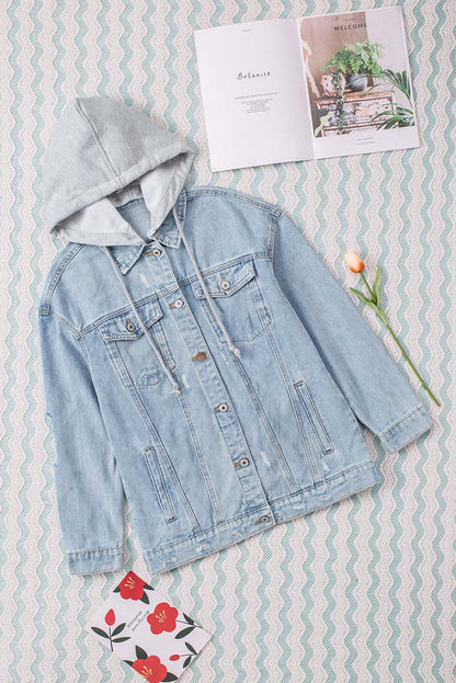Light Blue Button Up Ripped Hooded Denim Jacket