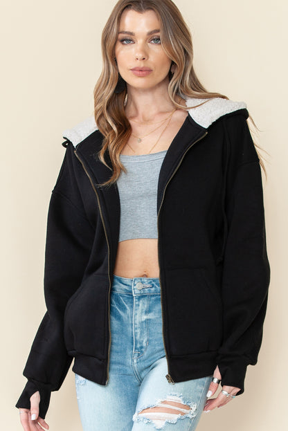 Black Sherpa Hooded Athleisure Zip Up Sweatshirt