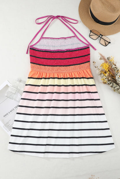 Striped Print Smocked Halter Open Back Fit Flare Dress