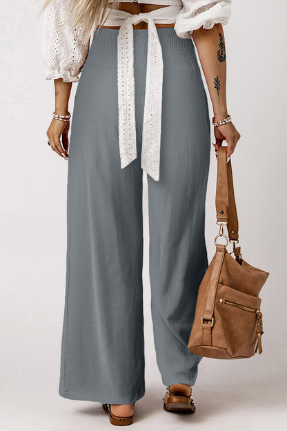 Brown Smocked Wide Waistband High Waist Wide Leg Pants