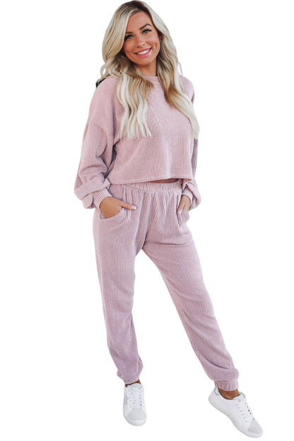 Apricot Powder Corduroy Lantern Sleeve Pullover and Joggers Set