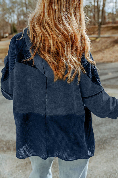 Khaki Dark Washed Patchwork Zip Up Hooded Jacket