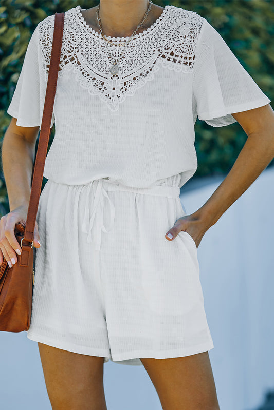 White Casual Crochet Neck Drawstring Romper