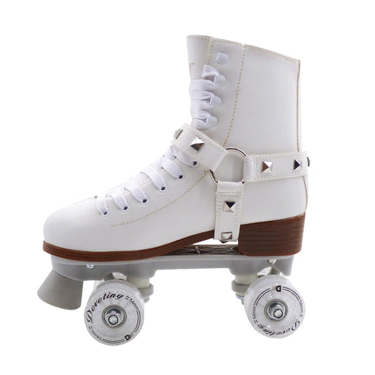 White Boots with Spiked Strap Style Quad Roller Skates