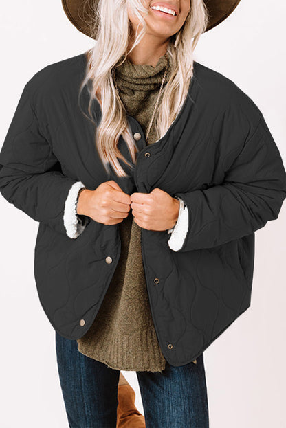 Black Snap Button Furry Reversible Quilted Coat