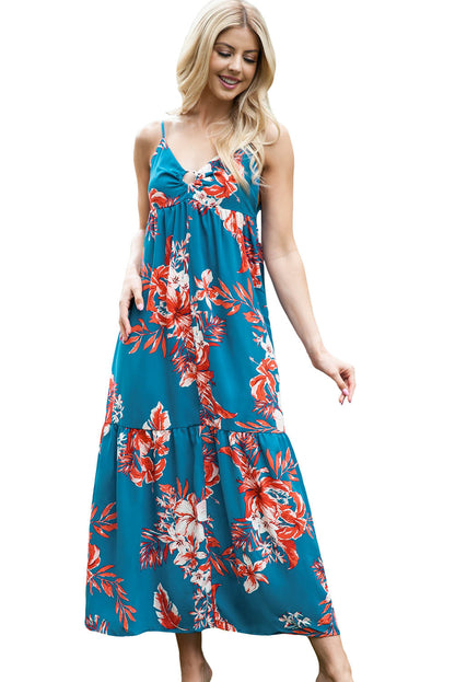 Sky Blue Strappy Open Back Floral Maxi Dress