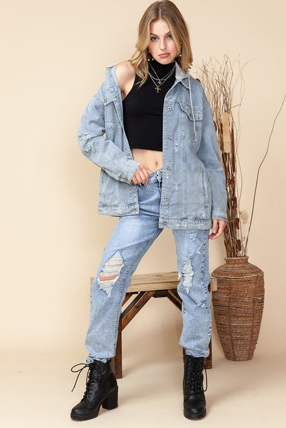 Light Blue Button Up Ripped Hooded Denim Jacket