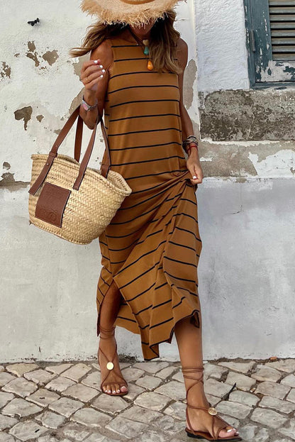 Brown Striped Backless Casual Side Slits Maxi Dress