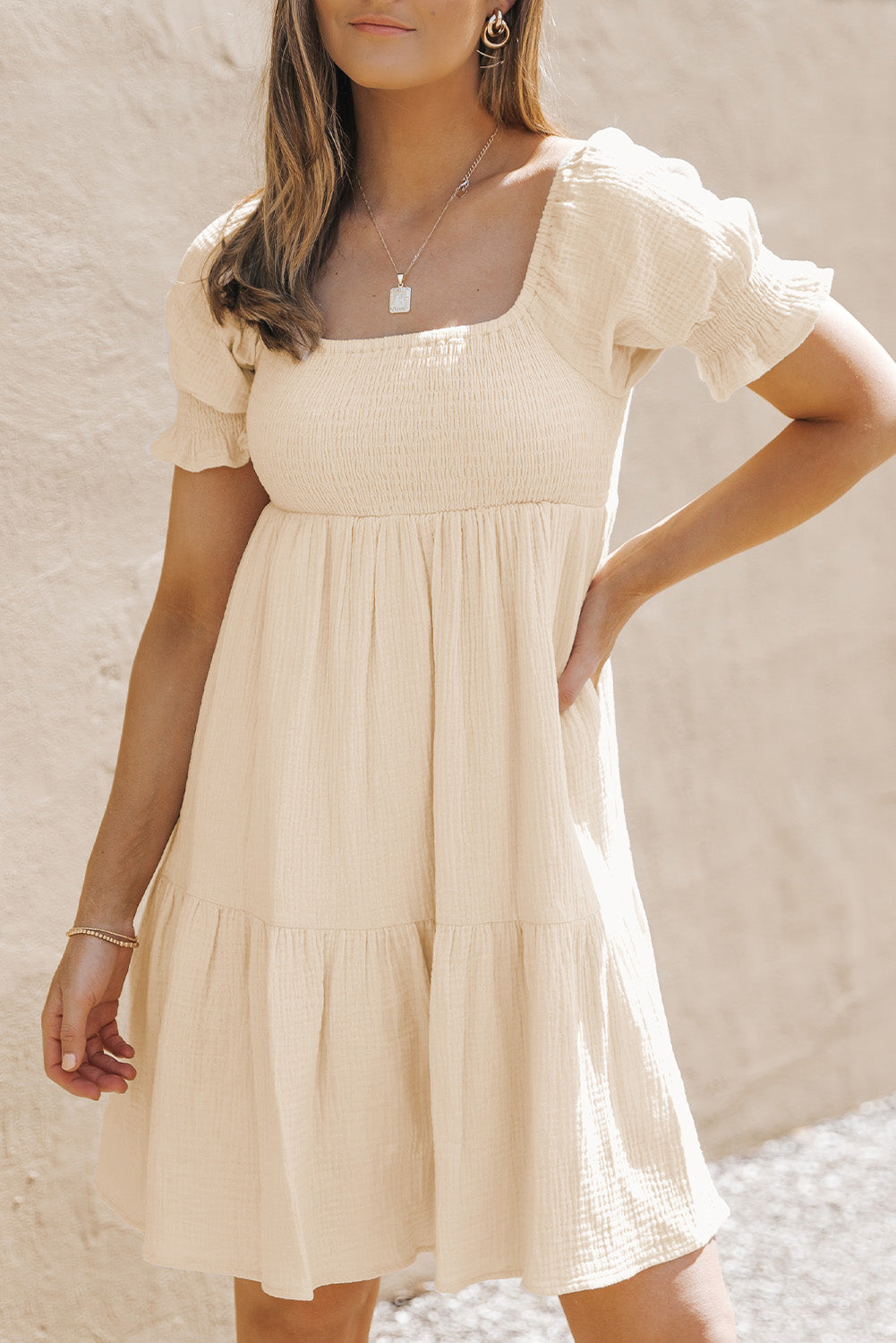 Apricot Puff Sleeve Square Neck Smocked Babydoll Dress