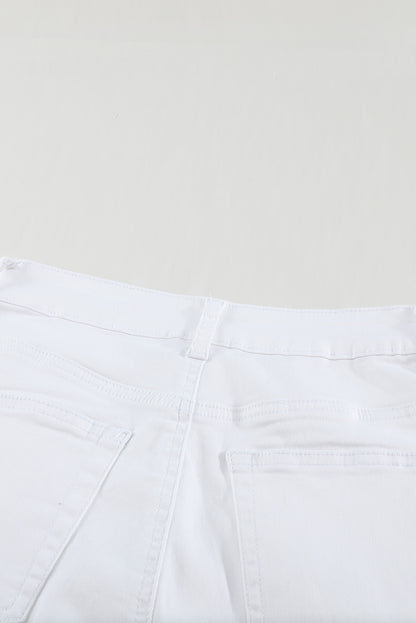White Plain Buttons Frayed Raw Hem High Waist Denim Jeans