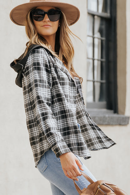 Khaki Drawstring Plaid Hooded Shirt Shacket