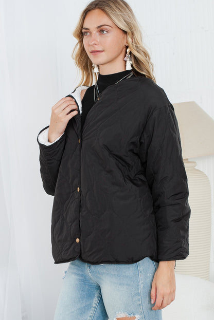 Black Snap Button Furry Reversible Quilted Coat