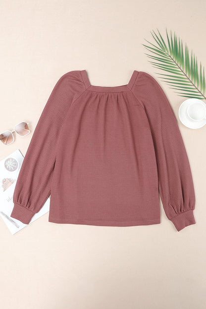 Pink Waffle Texture Casual Square Neck Pullover Top