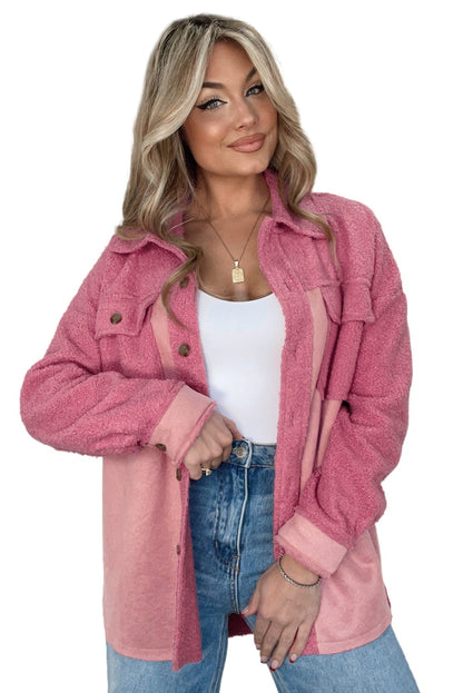 Pink Colorblock Buttoned Flap Pocket Sherpa Jacket