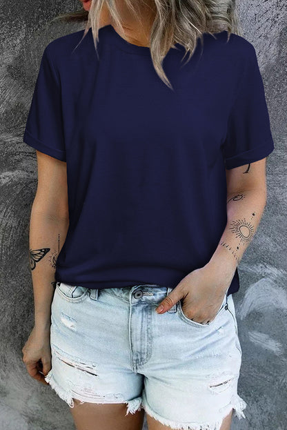 Green Plain Solid Color Crew Neck Tee