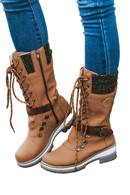 Coffee Round Toe Lace Up Zipper Casual Boots