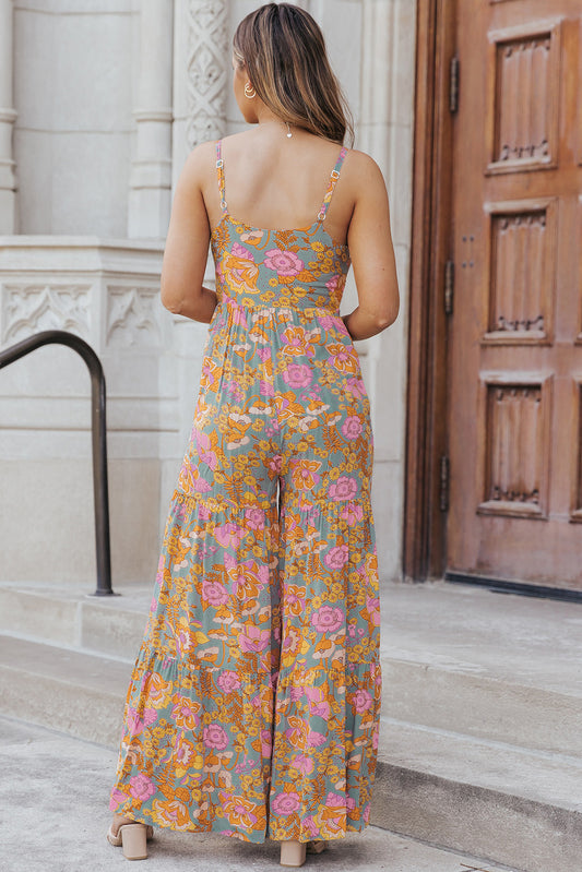 Sky Blue Floral Adjustable Straps Tiered Wide Leg Jumpsuit