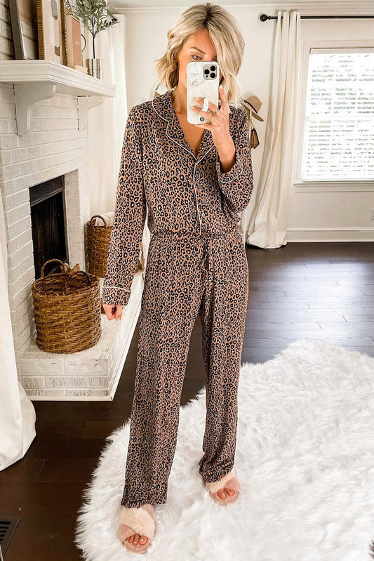 Leopard Print Lapel Neck Shirt and Drawstring Pants Loungewear Set