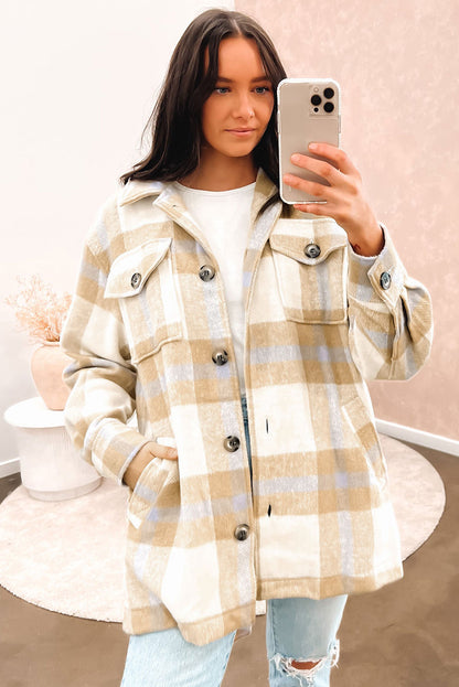 Black Plaid Button-Up Flap Pocket Belted Jacket