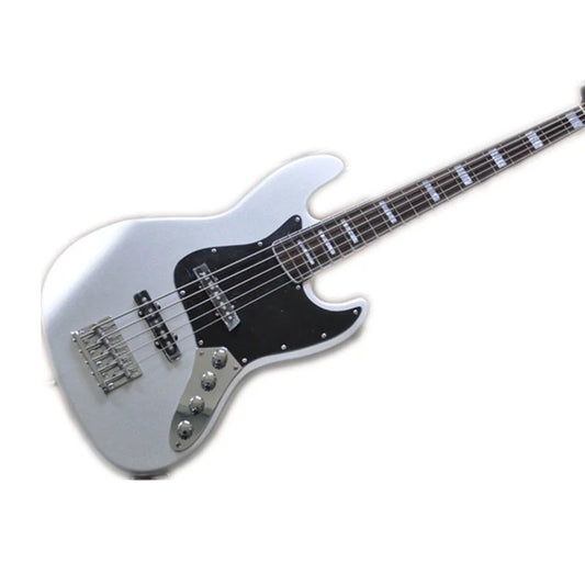 JB 5 String Electric Bass, Silver Body with Black Maple Headstock