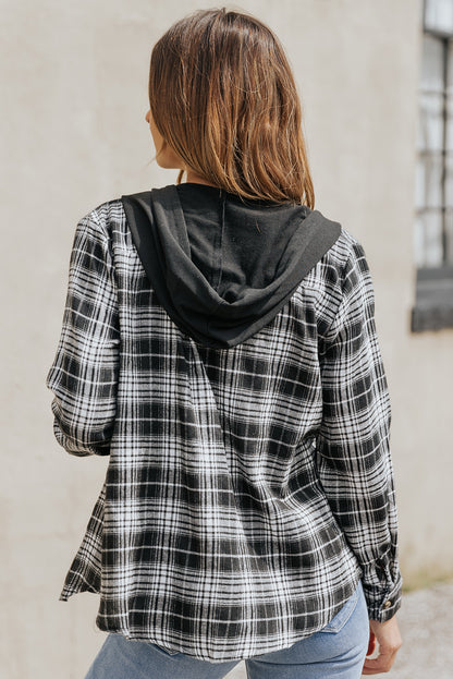 Khaki Drawstring Plaid Hooded Shirt Shacket