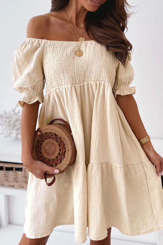 Apricot Puff Sleeve Square Neck Smocked Babydoll Dress