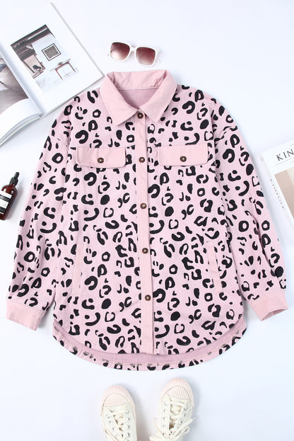 Apricot Leopard Collared Neckline Flap Pockets Corduroy Shacket