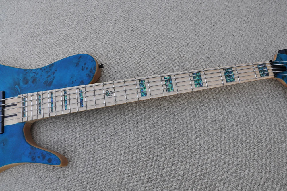 Blue 5 Strings Neck-thru-body Electric Bass Guitar with Burl Maple Veneer