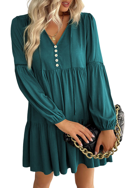 Verdant Bishop Sleeve Tie Front Tiered Pleated Short Dress
