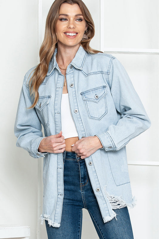 Light Blue Flap Pocket Buttoned Raw Hem Denim Shacket