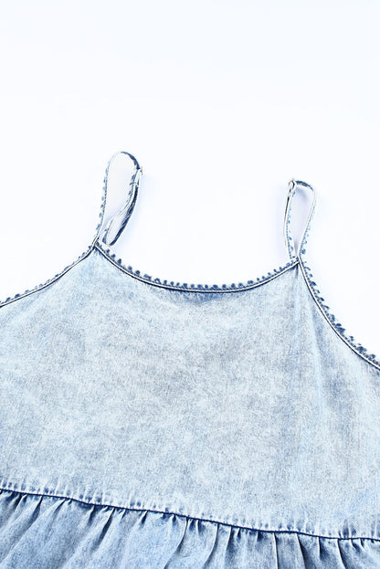 Light Blue Adjustable Straps Casual Tiered Ruffle Denim Dress