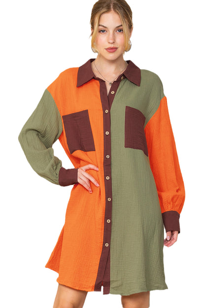 Brown Crinkled Patchwork Button Up Loose Mini Dress