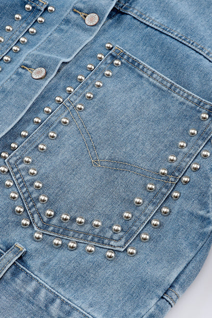 Blue Studded Button Up Light Wash Cropped Denim Jacket
