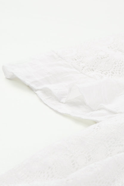 White V Neck Flutter Sleeve Short Crochet Lace Dress