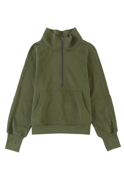 Gray Zip Up Stand Collar Ribbed Thumbhole Sleeve Sweatshirt