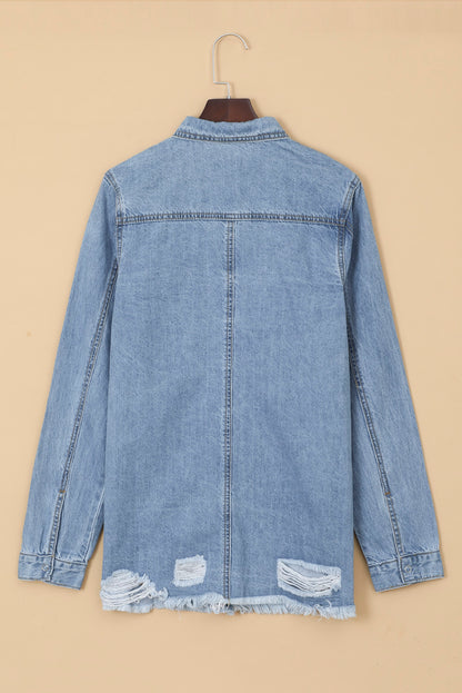 Black Ripped Raw Hem Button Up Denim Shacket
