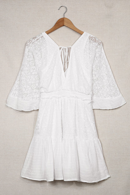 White V Neck Flutter Sleeve Short Crochet Lace Dress