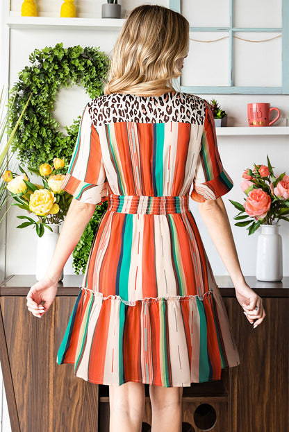 Multicolor Striped and Leopard Print Flounce Hem Short Dress