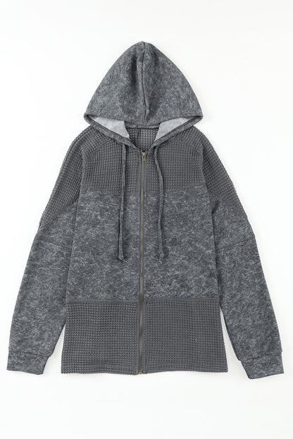 Khaki Dark Washed Patchwork Zip Up Hooded Jacket