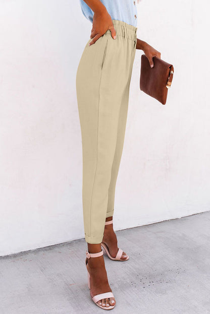 Beige Casual Frill Paper Bag Pocket High Rise Pants