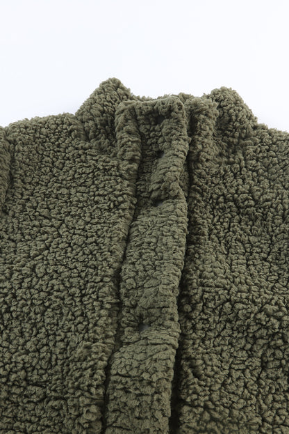 Green Snap Button Collared Stand Neck Sherpa Vest