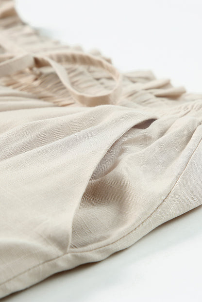 Beige Drawstring Smocked High Waist Wide Leg Pants