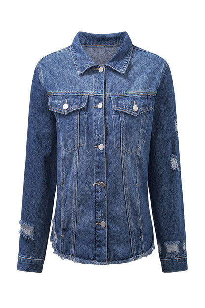 Black Casual Distressed Raw Hem Buttons Denim Jacket
