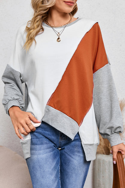 Pink Colorblock Stitching Irregular Hem Long Sleeve Top