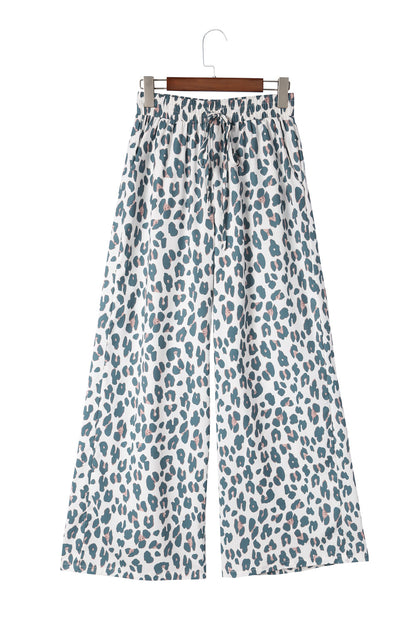 White Leopard Print Casual Drawstring Pocketed Wide Leg Pants